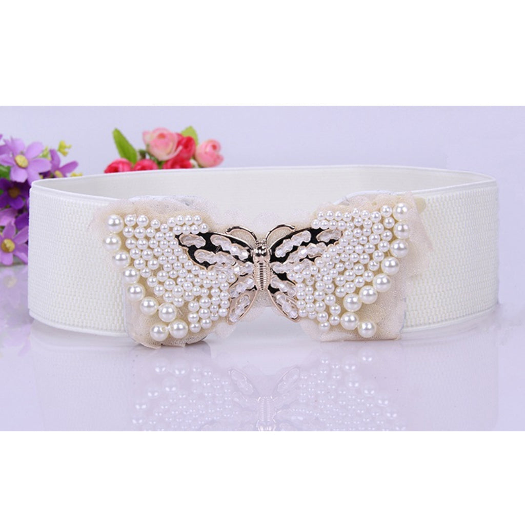 Women Pearl Butterfly Wide Band Retro Dress Waistband Cinch Waist Belt White