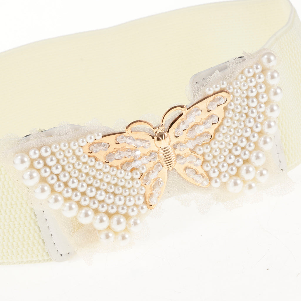 Women Pearl Butterfly Wide Band Retro Dress Waistband Cinch Waist Belt White