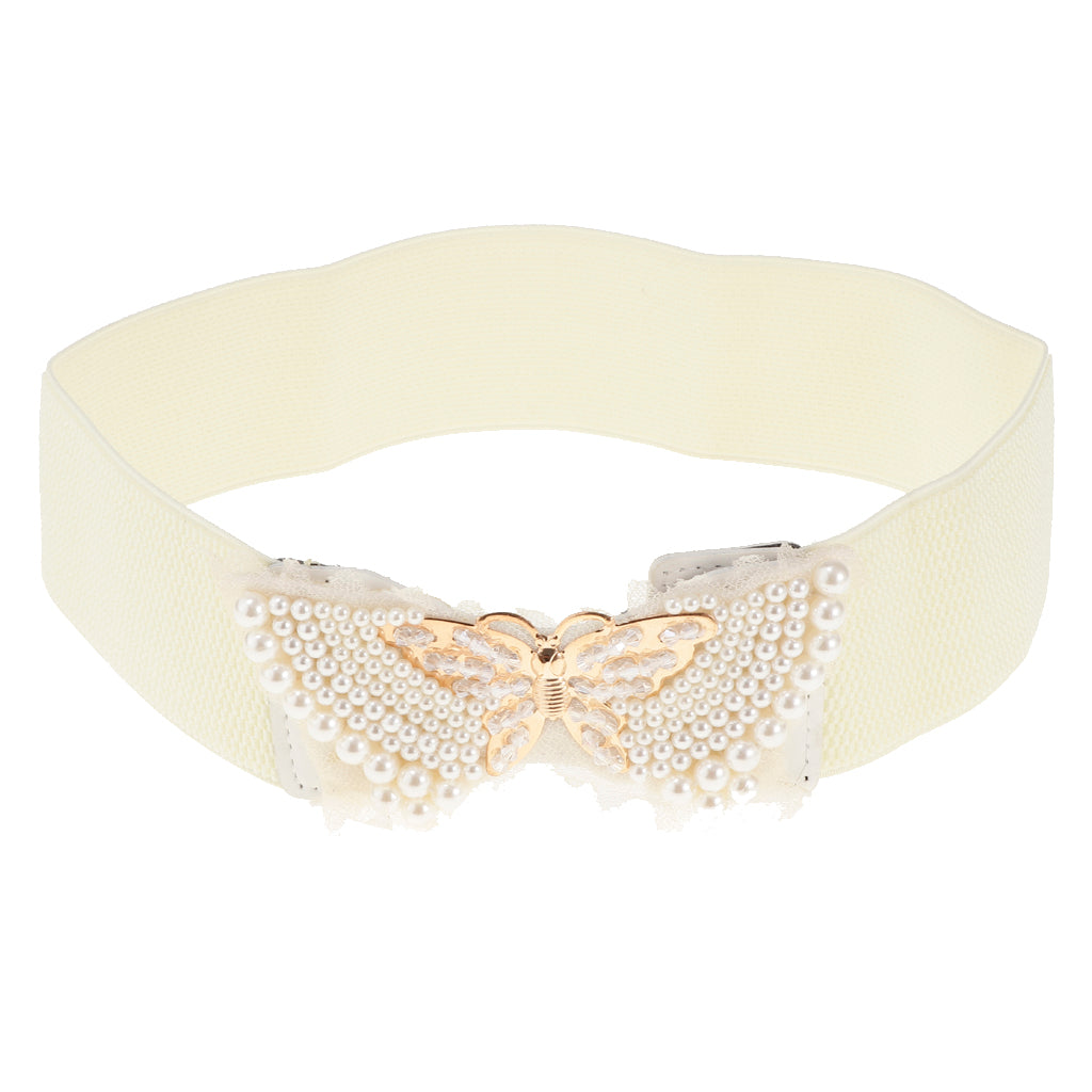 Women Pearl Butterfly Wide Band Retro Dress Waistband Cinch Waist Belt White