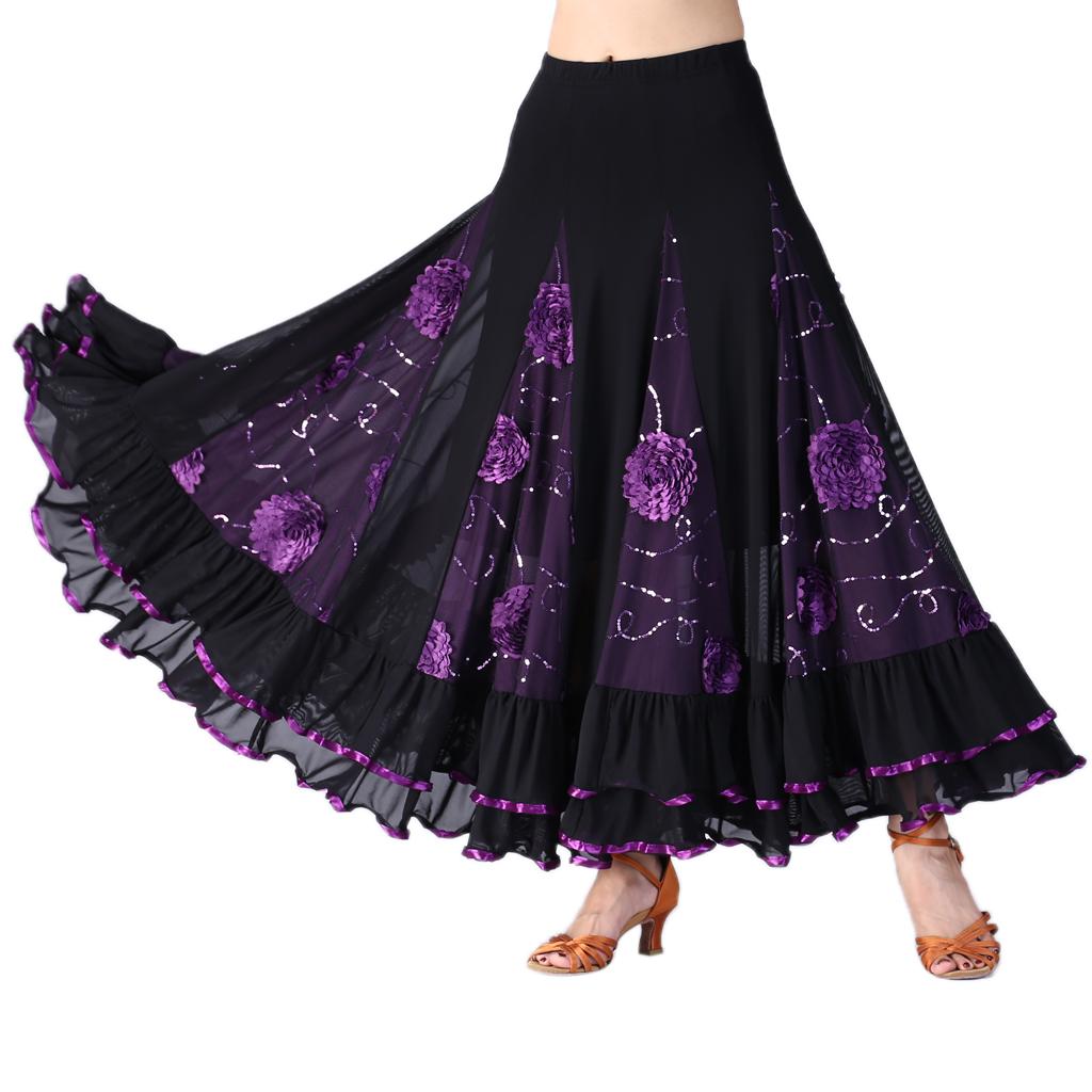 Flamenco Ballroom Waltz Dance Swing Skirt Sequined Floral Party Dress Purple