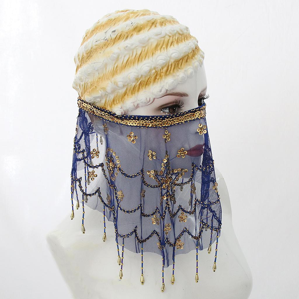 Lady Belly Dance Beaded Sequins Face Veil Halloween Costume Accessory Blue