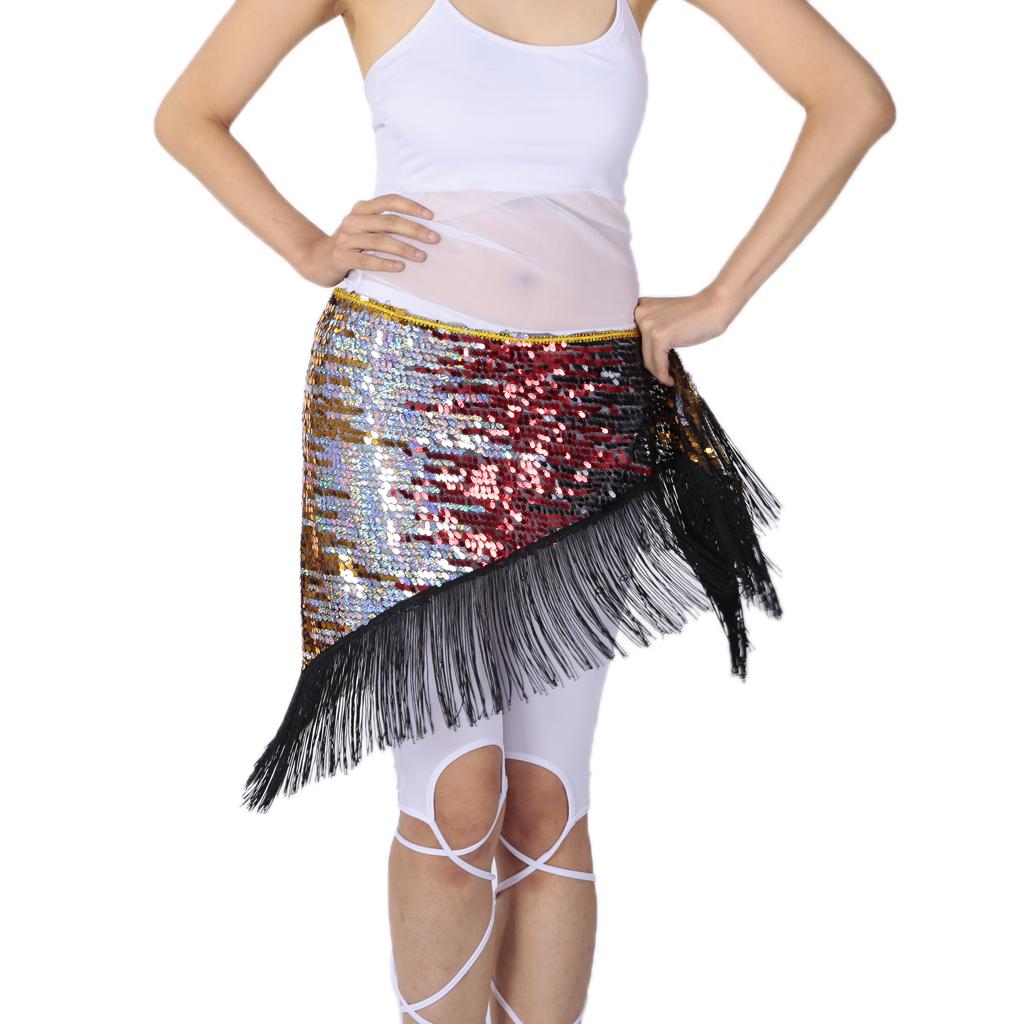 Women's Sequins Belly Dance Hip Scarf Hip Skirt Waist Chain Triangle Belt Black