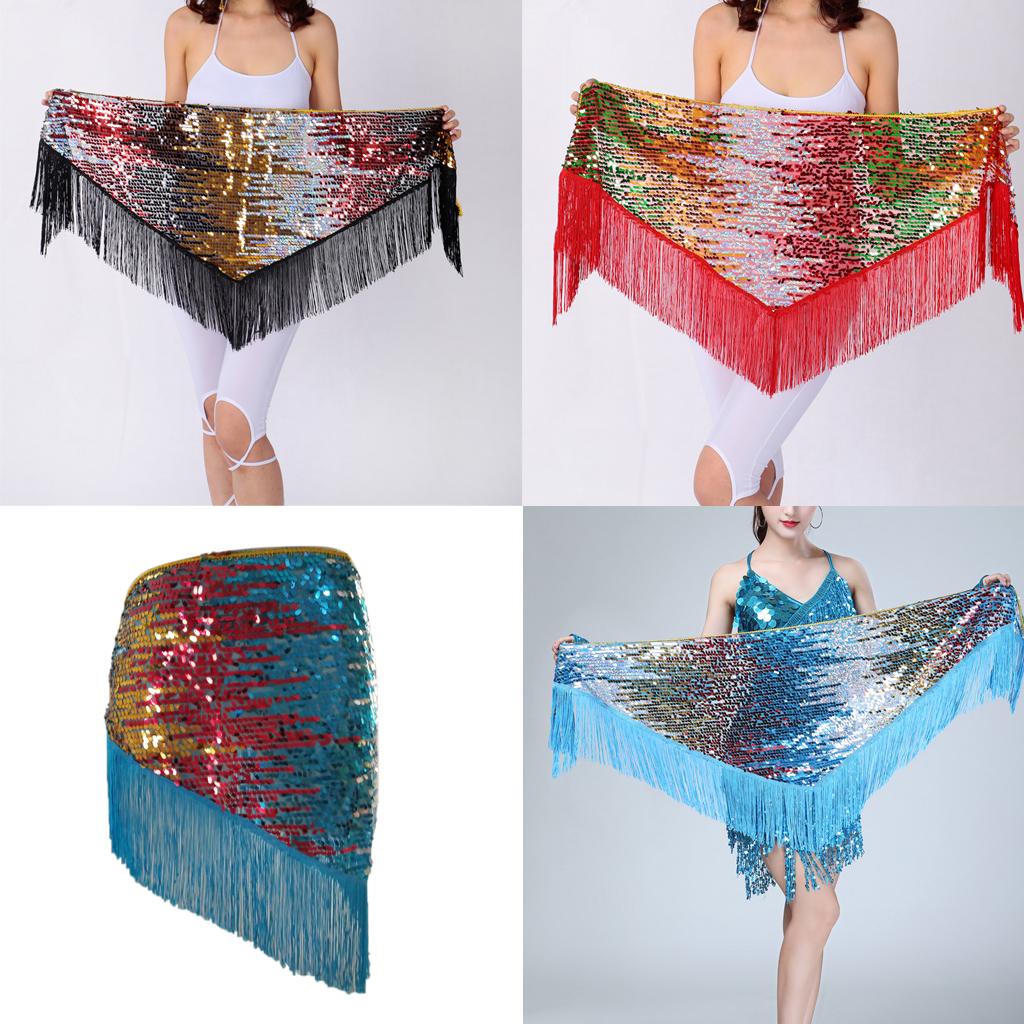 Women's Sequins Belly Dance Hip Scarf Hip Skirt Waist Chain Triangle Belt Black