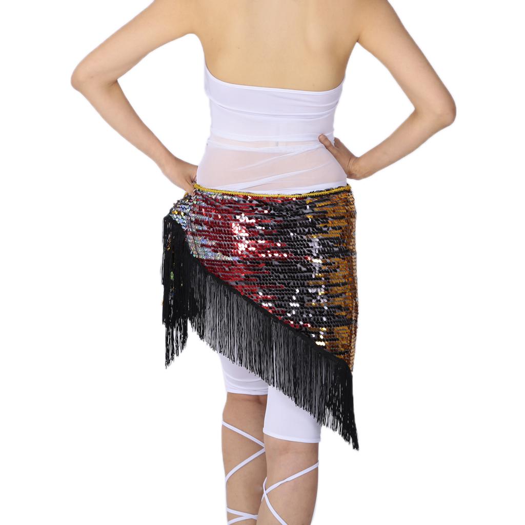 Women's Sequins Belly Dance Hip Scarf Hip Skirt Waist Chain Triangle Belt Black