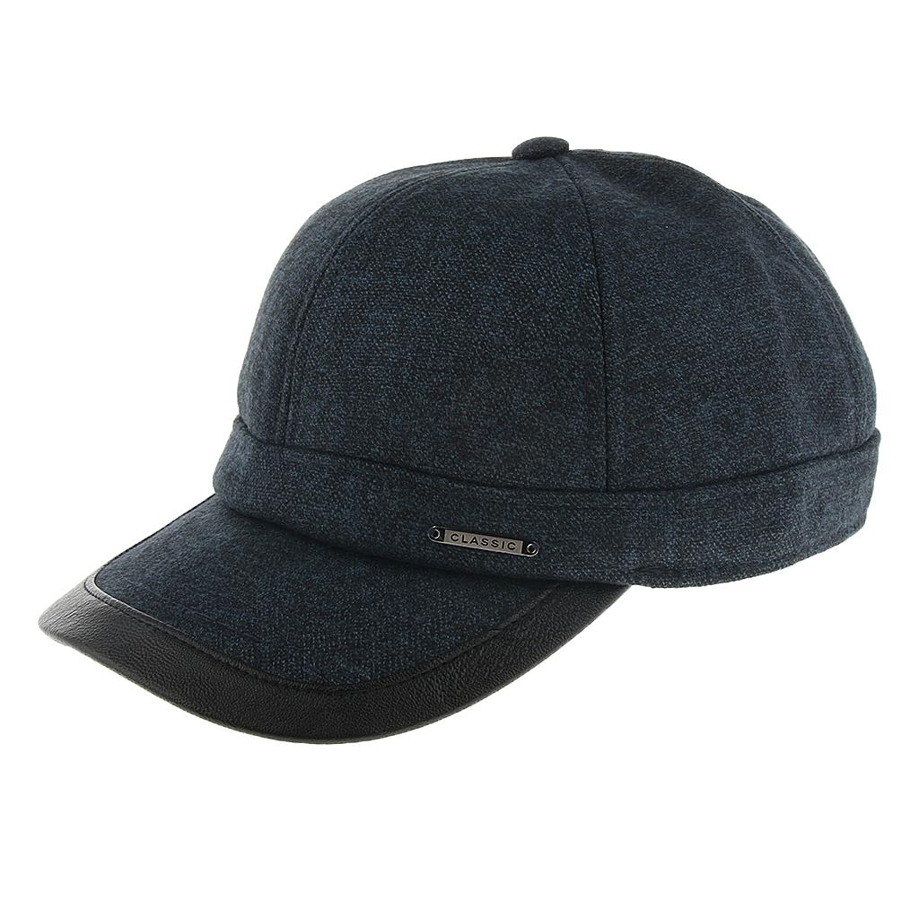 Men's Winter Warm Woolen Peaked Baseball Cap Hat with Earmuffs Metal Buckle Dark Blue
