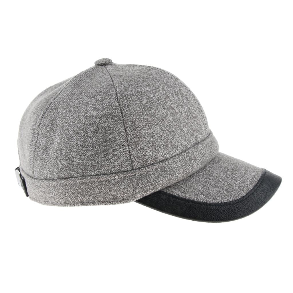 Men's Winter Warm Woolen Peaked Baseball Cap Hat with Earmuffs Metal Buckle Light Gray