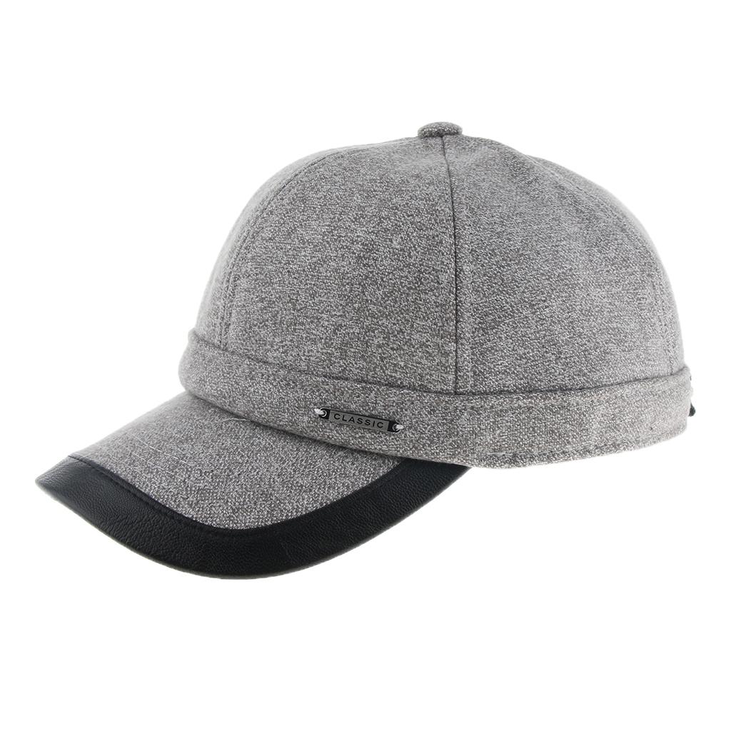 Men's Winter Warm Woolen Peaked Baseball Cap Hat with Earmuffs Metal Buckle Light Gray