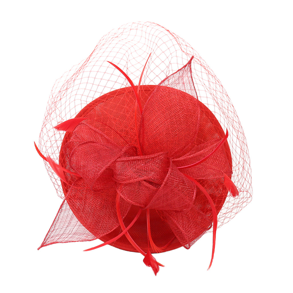 Sinamay Hat Feather Headband Fascinator Veil Wedding Royal Ascot Red