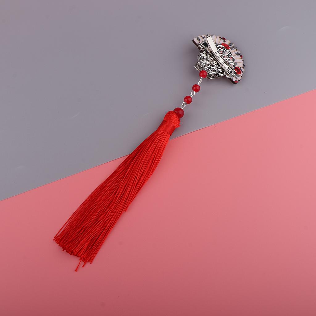 Vintage Fan Shaped Hair Clip Pin Long Tassel Kimono Headpiece Costume Red