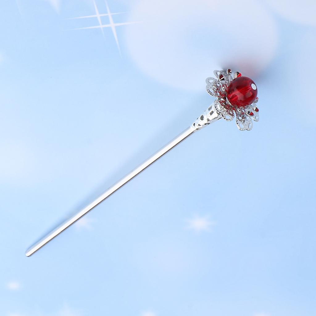 Retro Chinese Petunia Flower Hair Stick Wedding Bridal Chignon Pin Red
