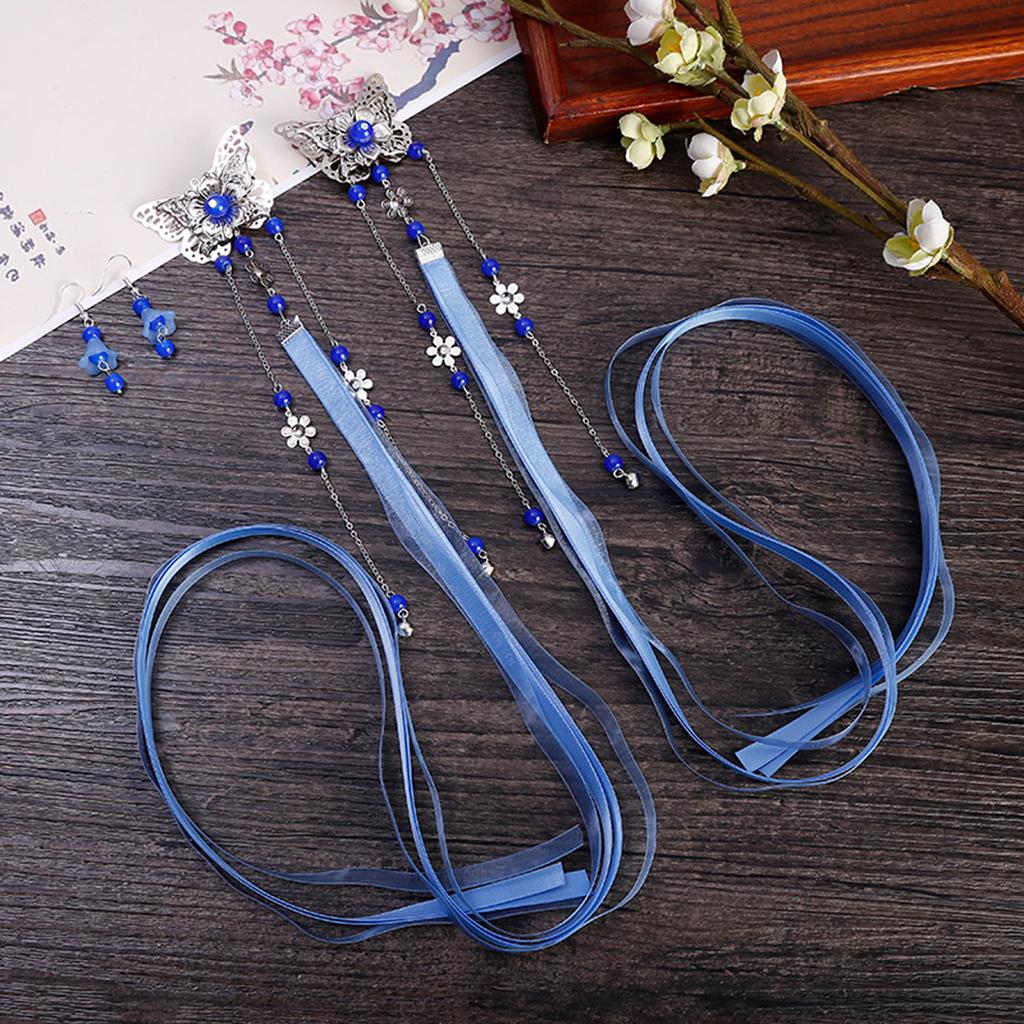 Vintage fringed streamers Chinese Hair Clip Headdress Solitary Fang Blue