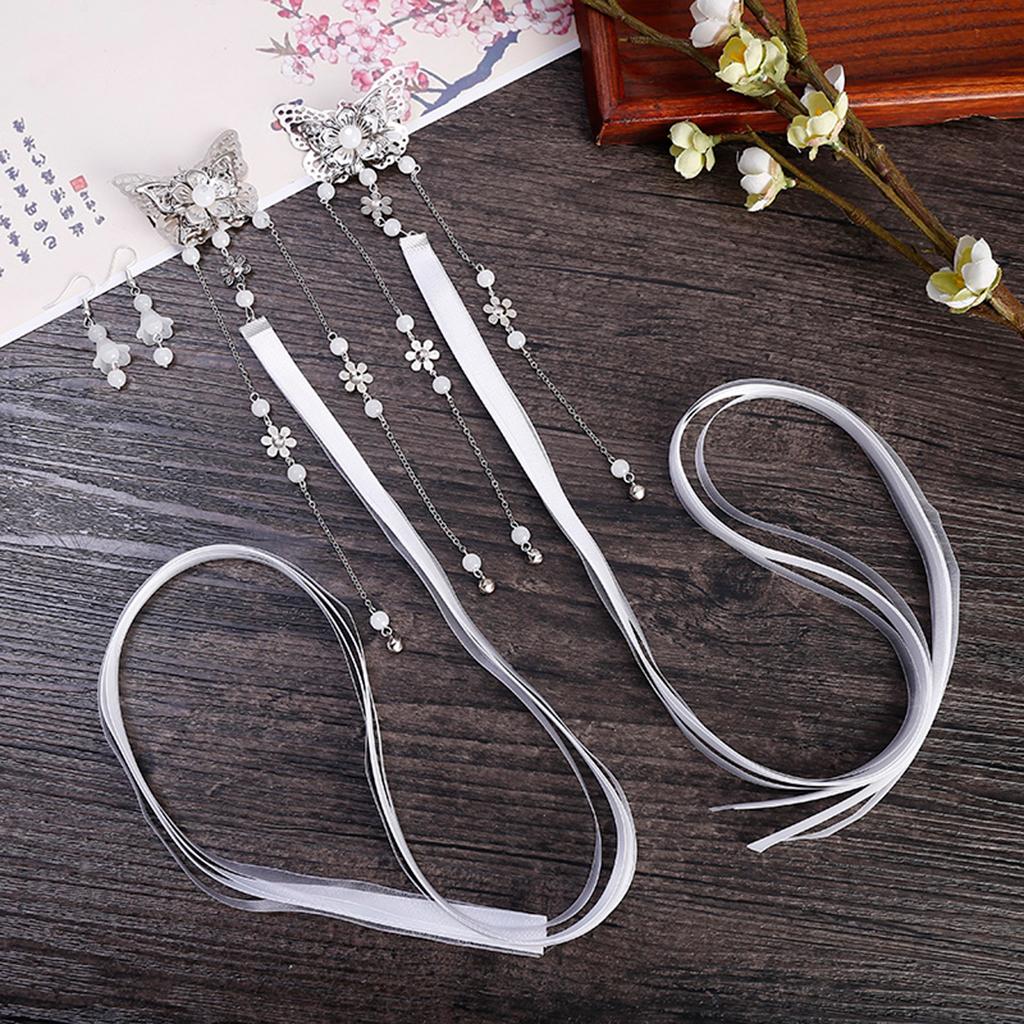 Vintage fringed streamers Chinese Hair Clip Headdress Solitary Fang White