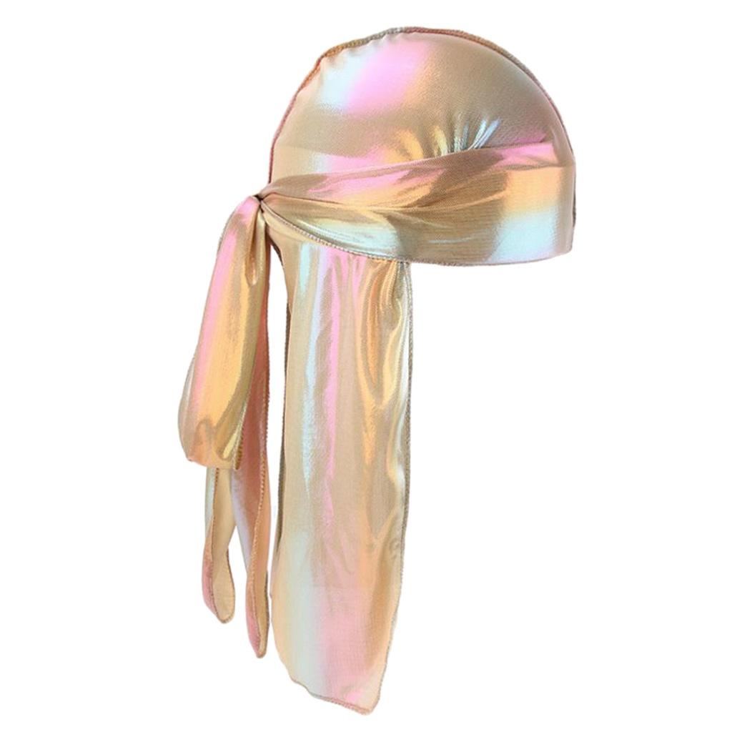 Shiny Rainbow Silky Chemo Scarf Cap Musilim Hat Durag Headwrap Gold