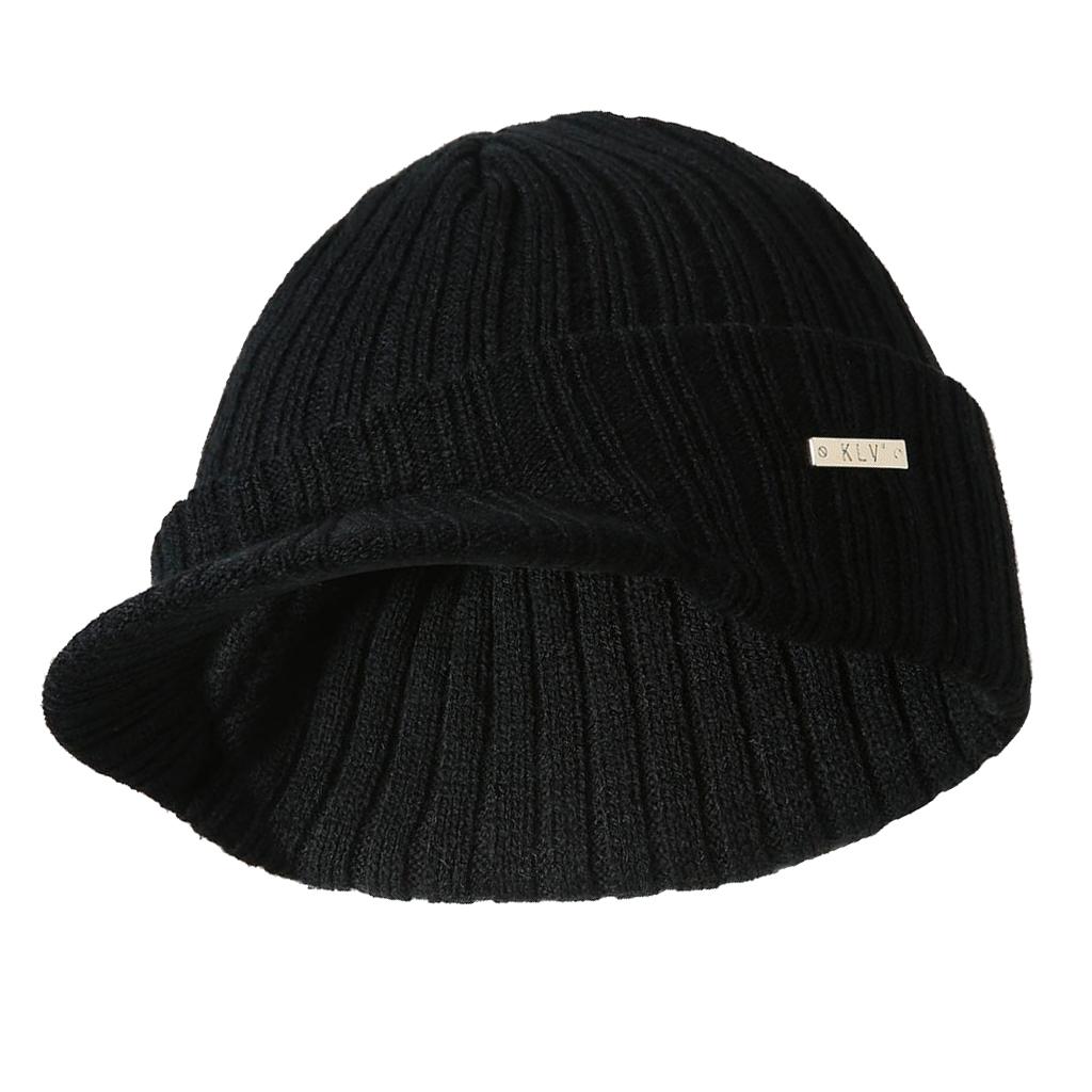 Men's Winter Warm Visor Brim Beanie Knit Baseball Cap Skull Hat Black