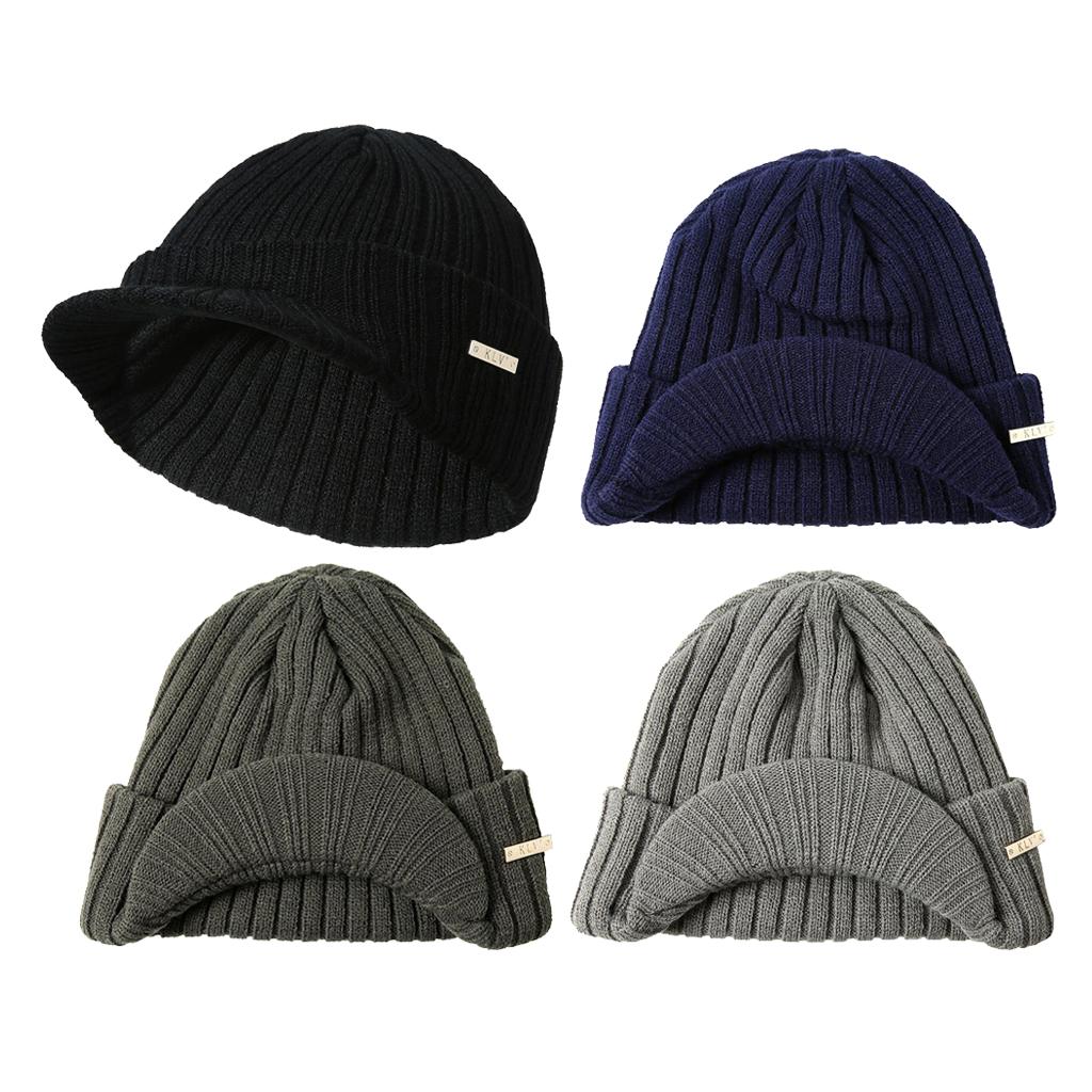 Men's Winter Warm Visor Brim Beanie Knit Baseball Cap Skull Hat Black
