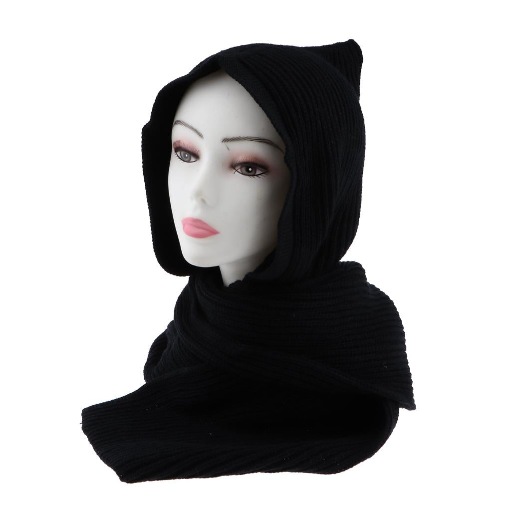 Parent-child Winter Knit Hooded Scarf Headscarf Neck Warmer Hoodie Hat Black