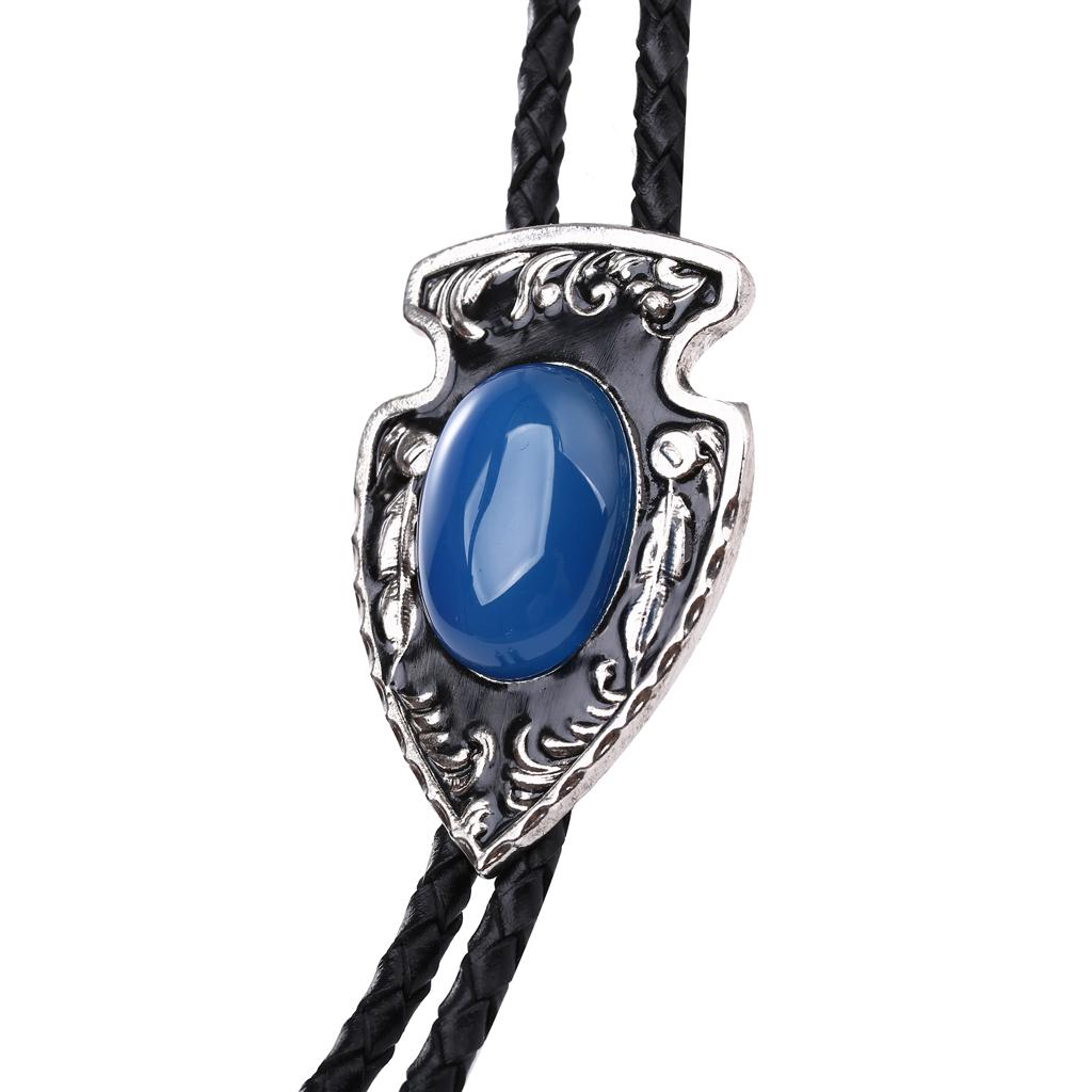 Vintage Oval Agate Leather Bolo Tie Necktie Rodeo Western Cowboy Necklace Blue