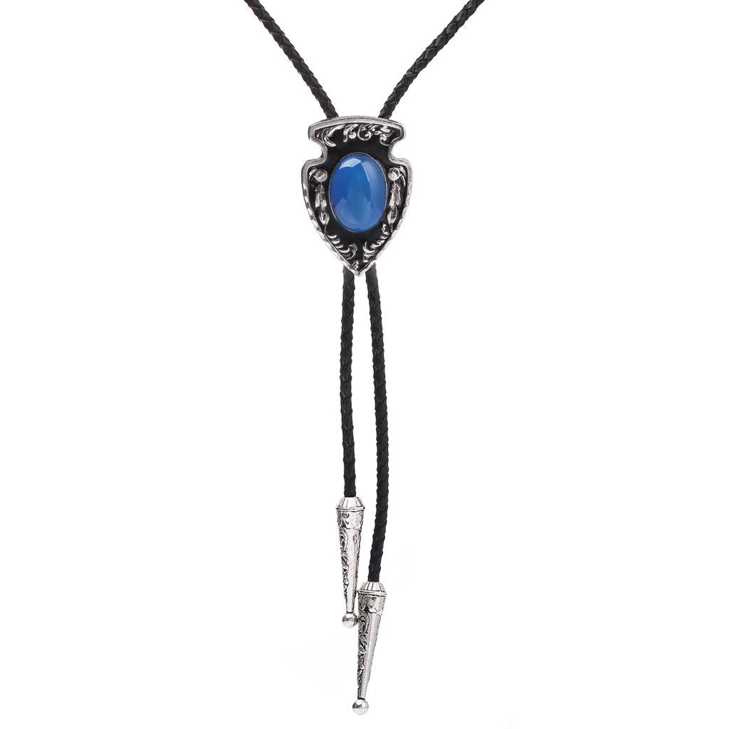 Vintage Oval Agate Leather Bolo Tie Necktie Rodeo Western Cowboy Necklace Blue