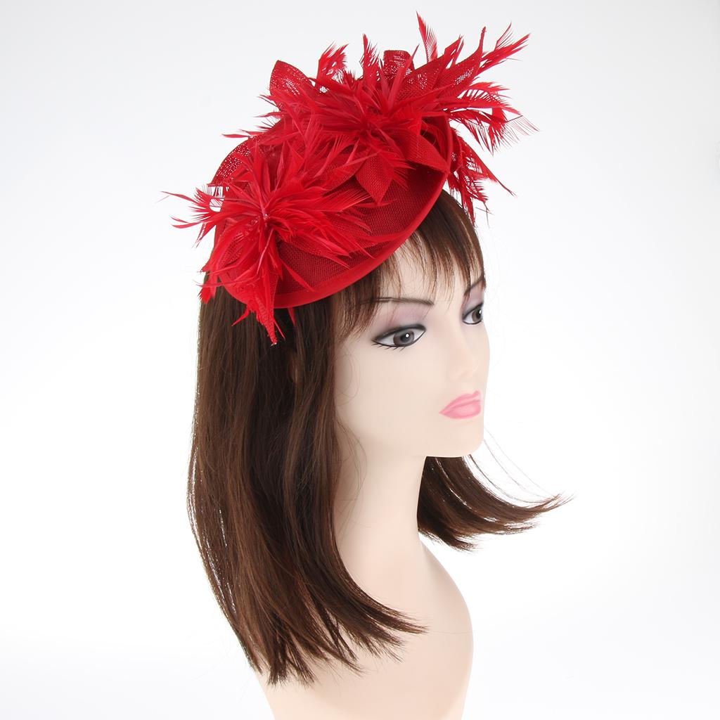 Sinamay Fascinator Pillbox Top Hat Cocktail Tea Party Feather Headwear Red