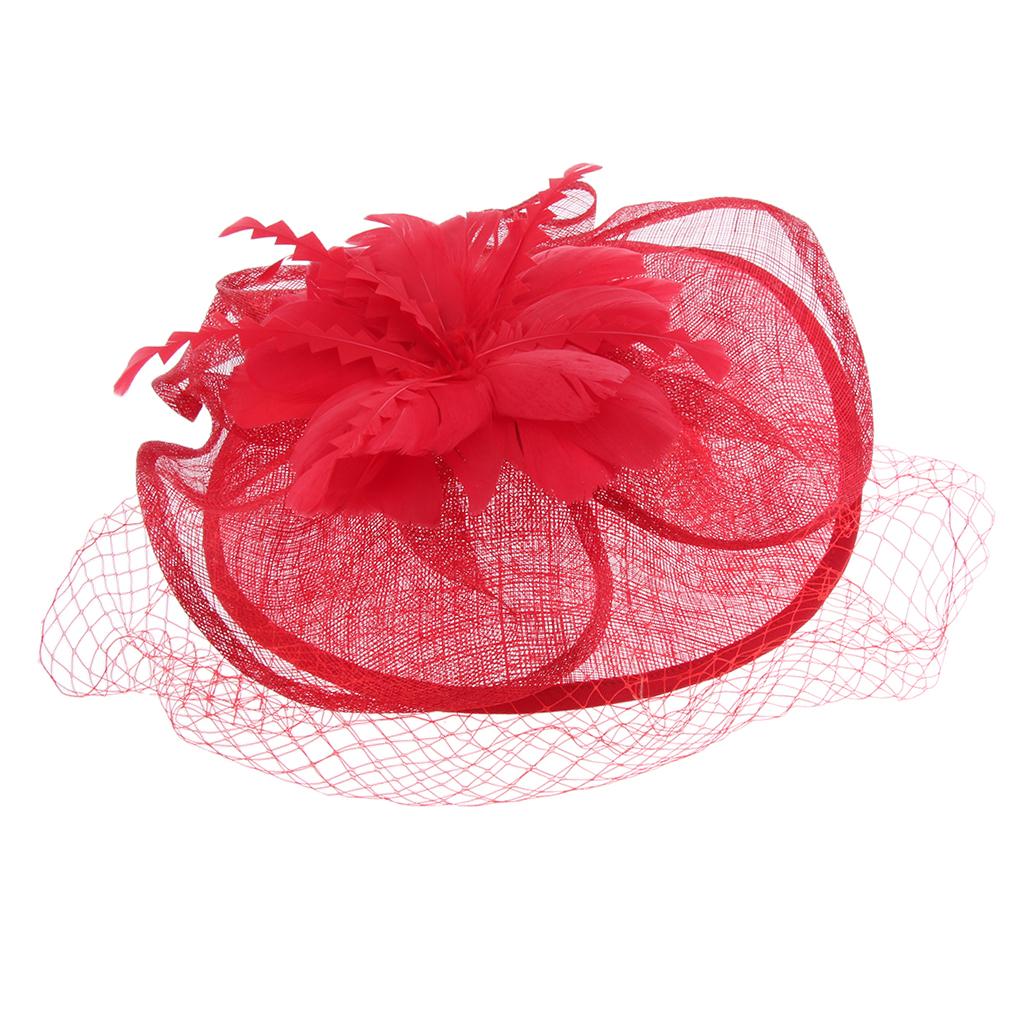 Womens Flower Veil Feather Fascinator Hat Party Wedding Party Headwear Red