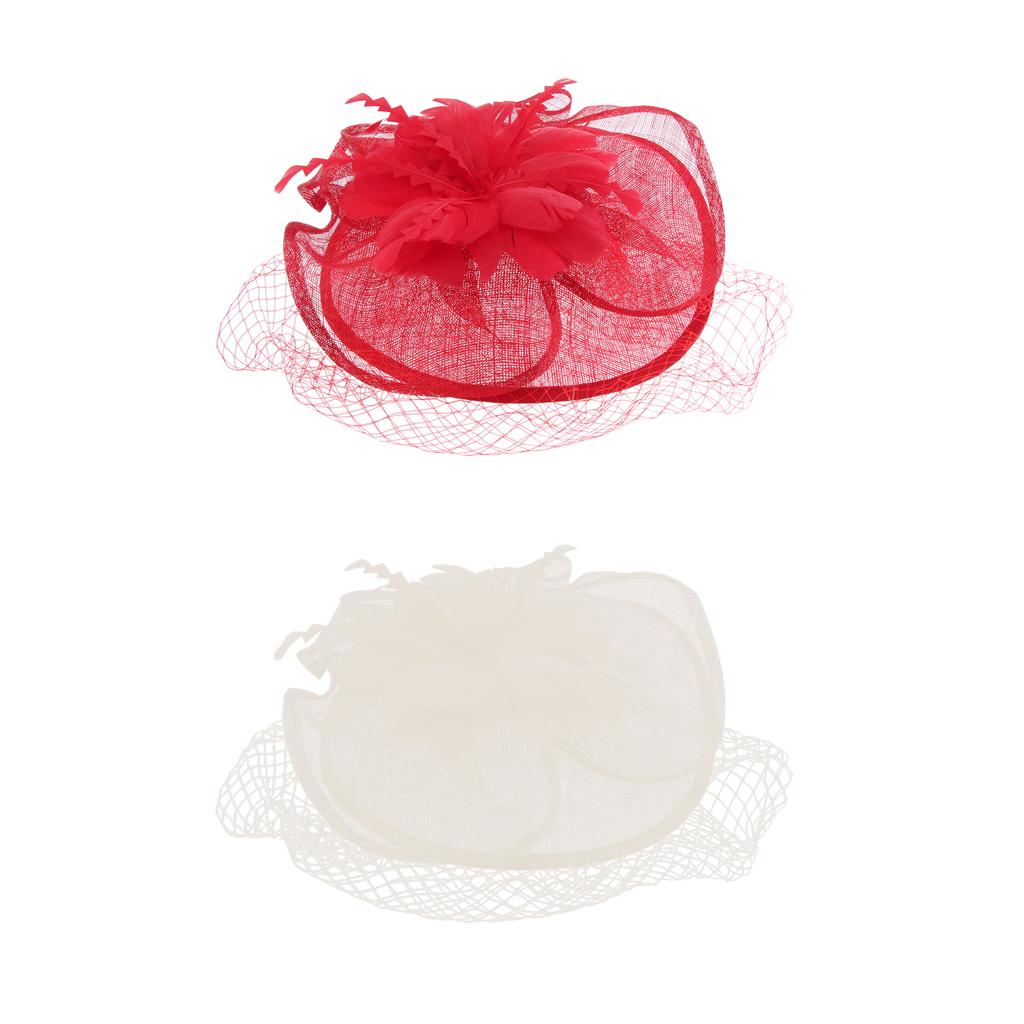 Womens Flower Veil Feather Fascinator Hat Party Wedding Party Headwear Red