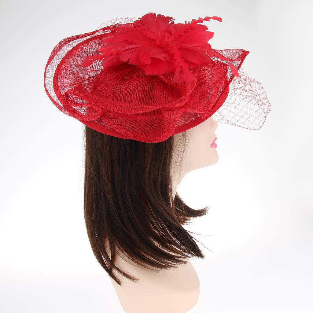 Womens Flower Veil Feather Fascinator Hat Party Wedding Party Headwear Red