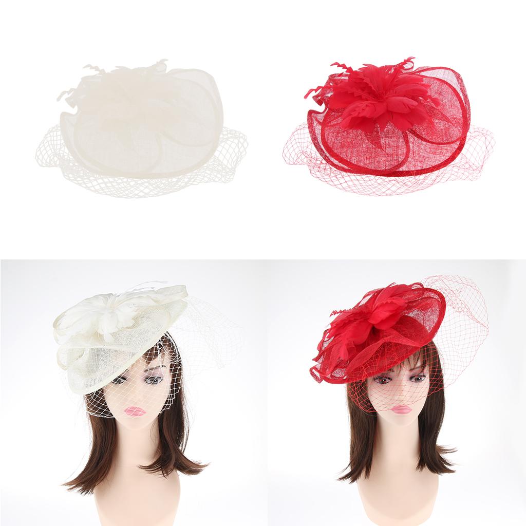 Womens Flower Veil Feather Fascinator Hat Party Wedding Party Headwear Red