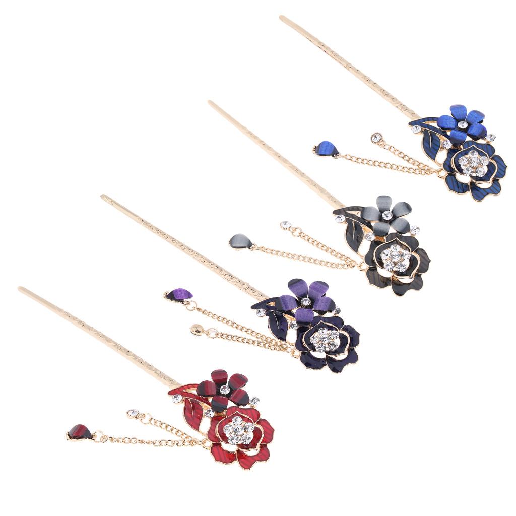 Chinese Hair Stick Hair Decor Flower Rhinestone Wedding Party Hairpin Red