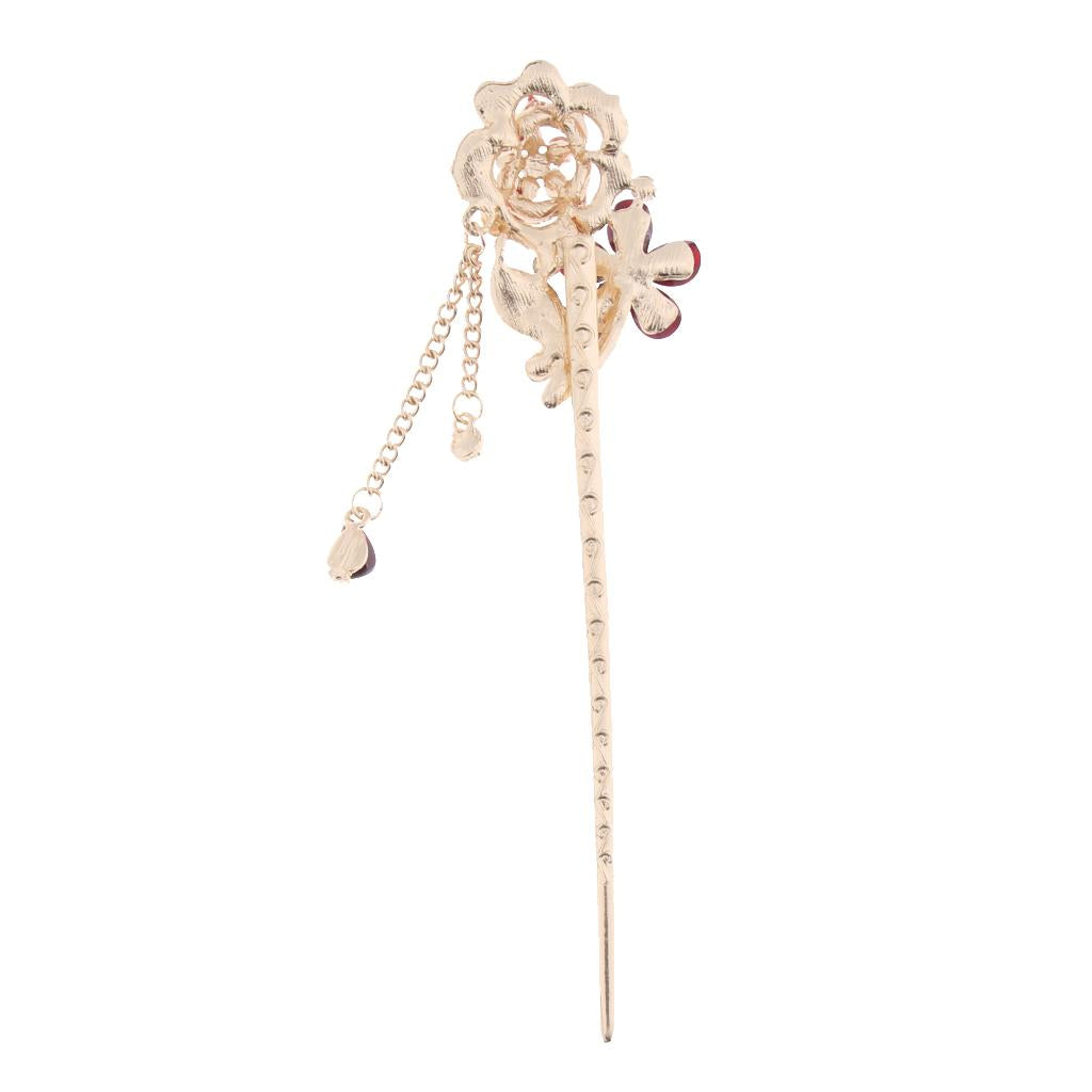 Chinese Hair Stick Hair Decor Flower Rhinestone Wedding Party Hairpin Red