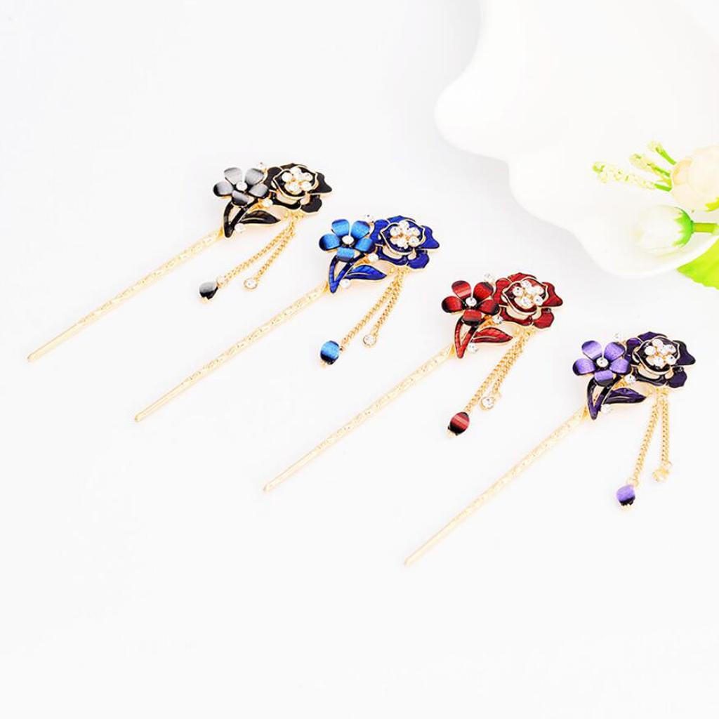 Chinese Hair Stick Hair Decor Flower Rhinestone Wedding Party Hairpin Red