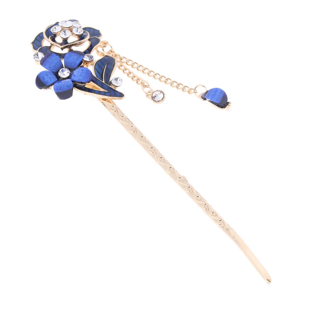 Chinese Hair Stick Hair Decor Flower Rhinestone Wedding Party Hairpin Blue