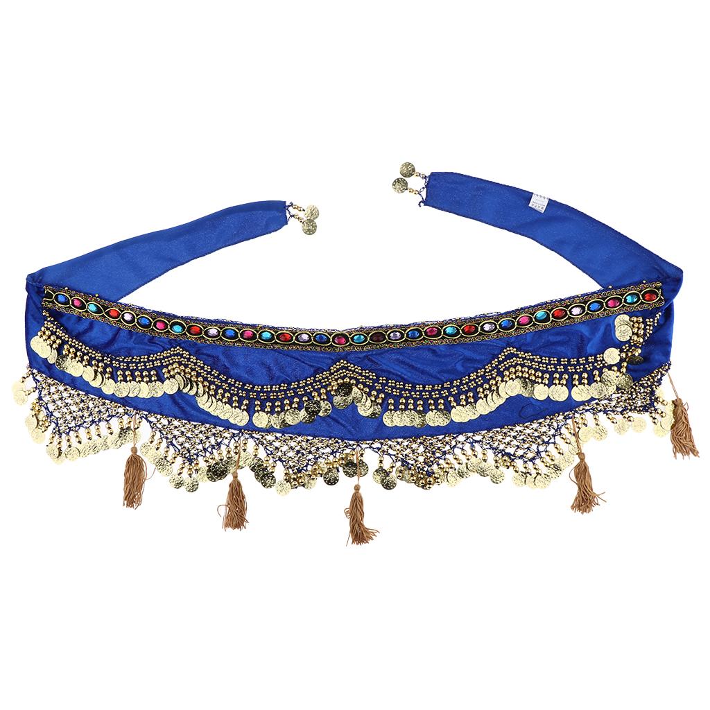 Womens Sequins Belly Dance Hip Scarf Wrap Skirt with Gold Coins Blue
