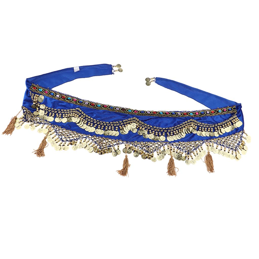 Womens Sequins Belly Dance Hip Scarf Wrap Skirt with Gold Coins Blue