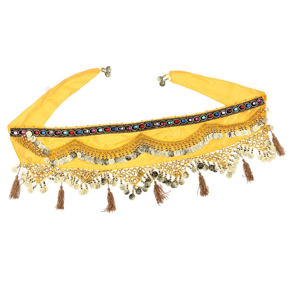 Womens Sequins Belly Dance Hip Scarf Wrap Skirt with Gold Coins Yellow