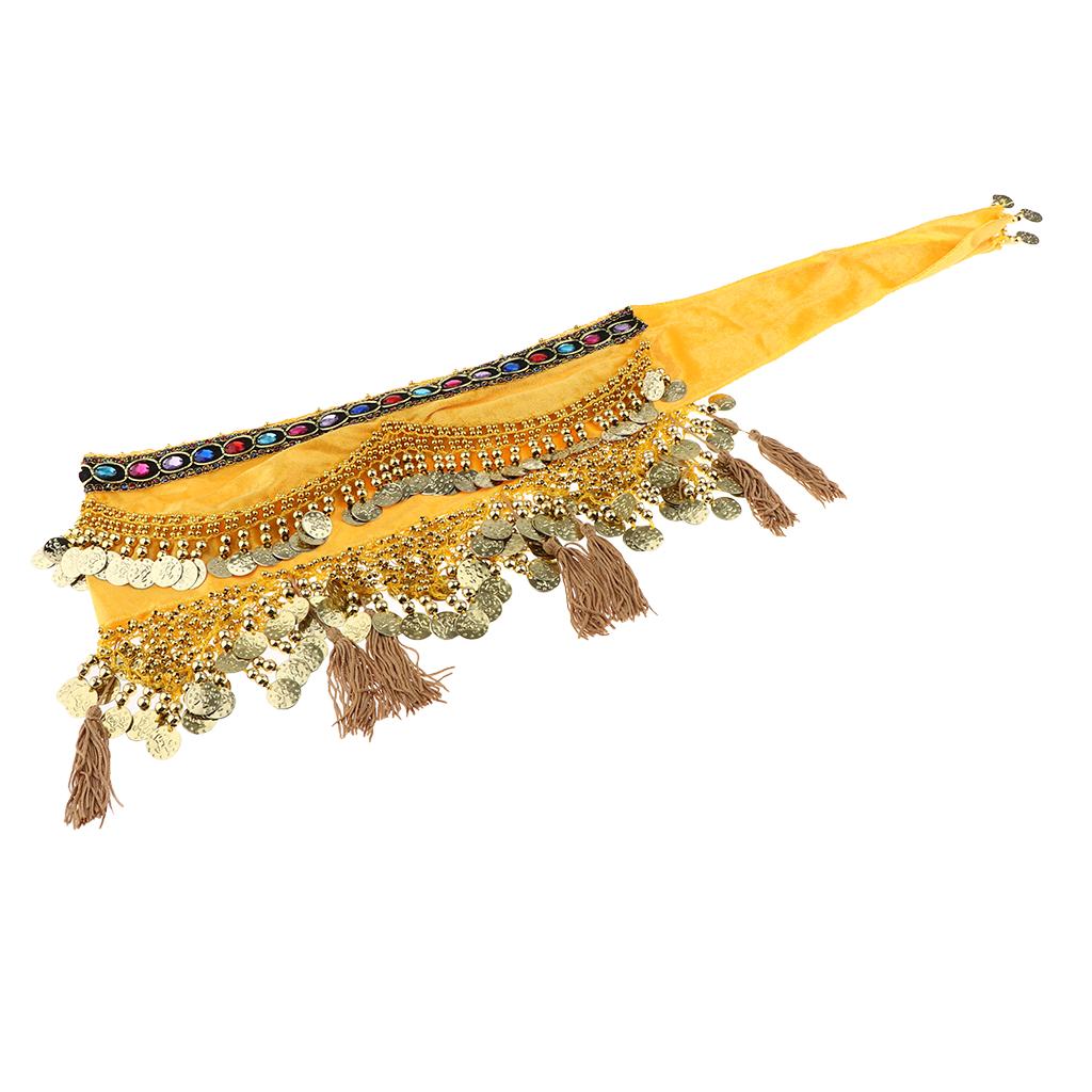 Womens Sequins Belly Dance Hip Scarf Wrap Skirt with Gold Coins Yellow