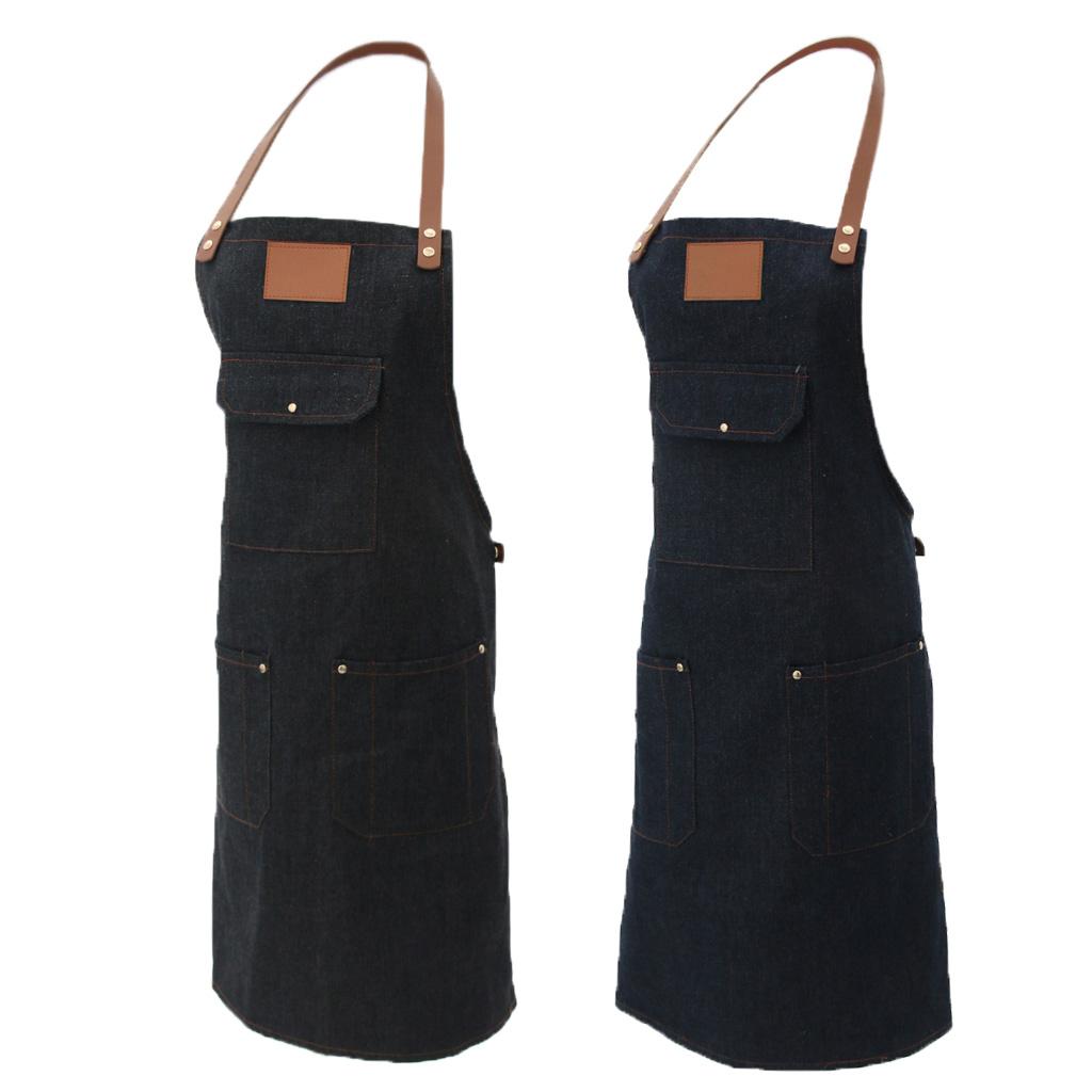 Women Denim Apron with Pockets Man Fully Adjustable Unique Design Denim Blue
