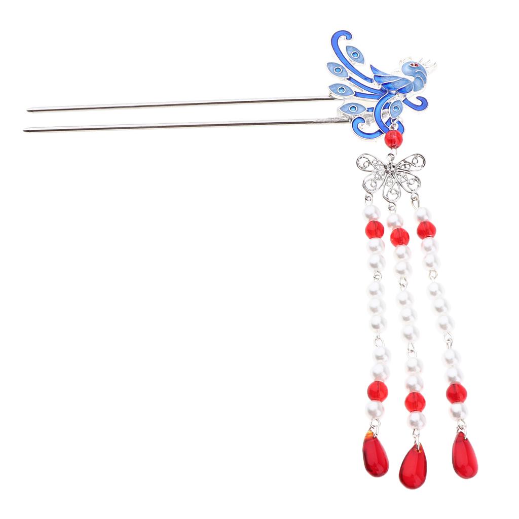 Chinese Style Beads Long Tassels Hair Stick Silver Metal Hair Chopstick 02