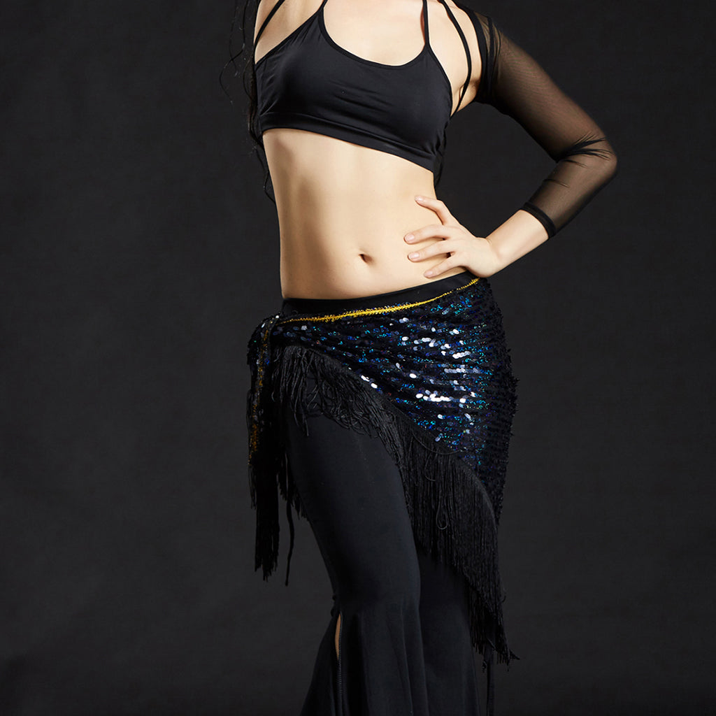 Belly Dance Hip Scarf Shining Triangle Tassel Hip Scarves Skirt Balck