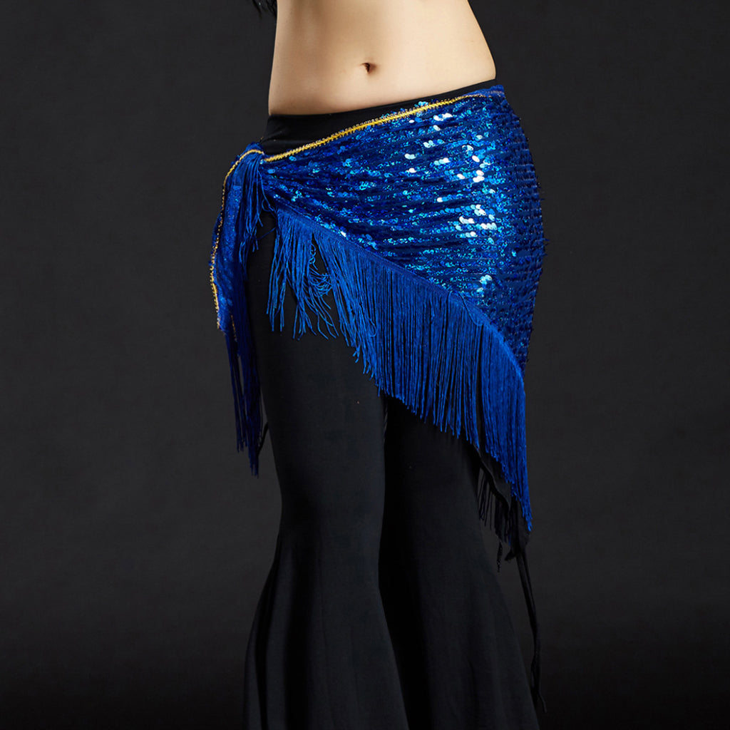 Belly Dance Hip Scarf Shining Triangle Tassel Hip Scarves Skirt Royal Blue