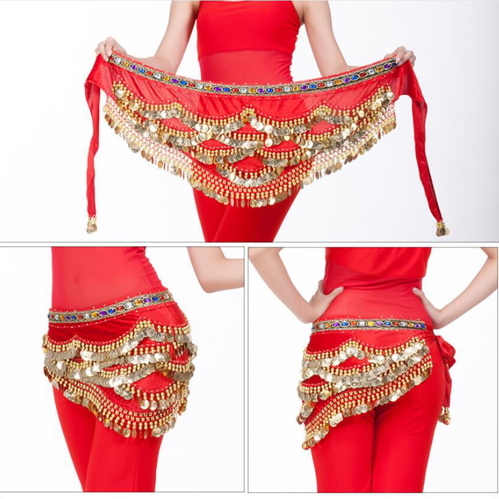 Velvet Dangling Gold Coins Belly Dancing Hip Skirt Scarf Wrap Belt Red