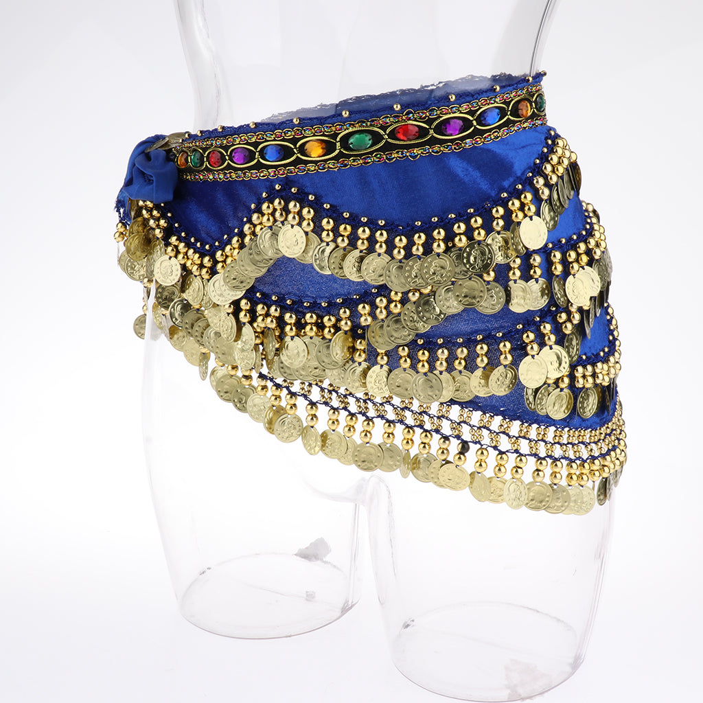 Velvet Dangling Gold Coins Belly Dancing Hip Skirt Scarf Wrap Belt Blue