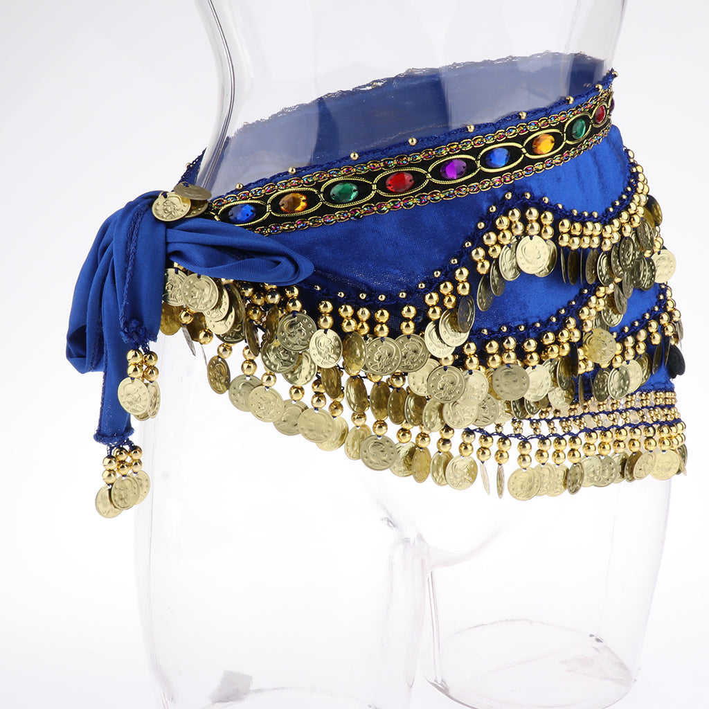 Velvet Dangling Gold Coins Belly Dancing Hip Skirt Scarf Wrap Belt Blue
