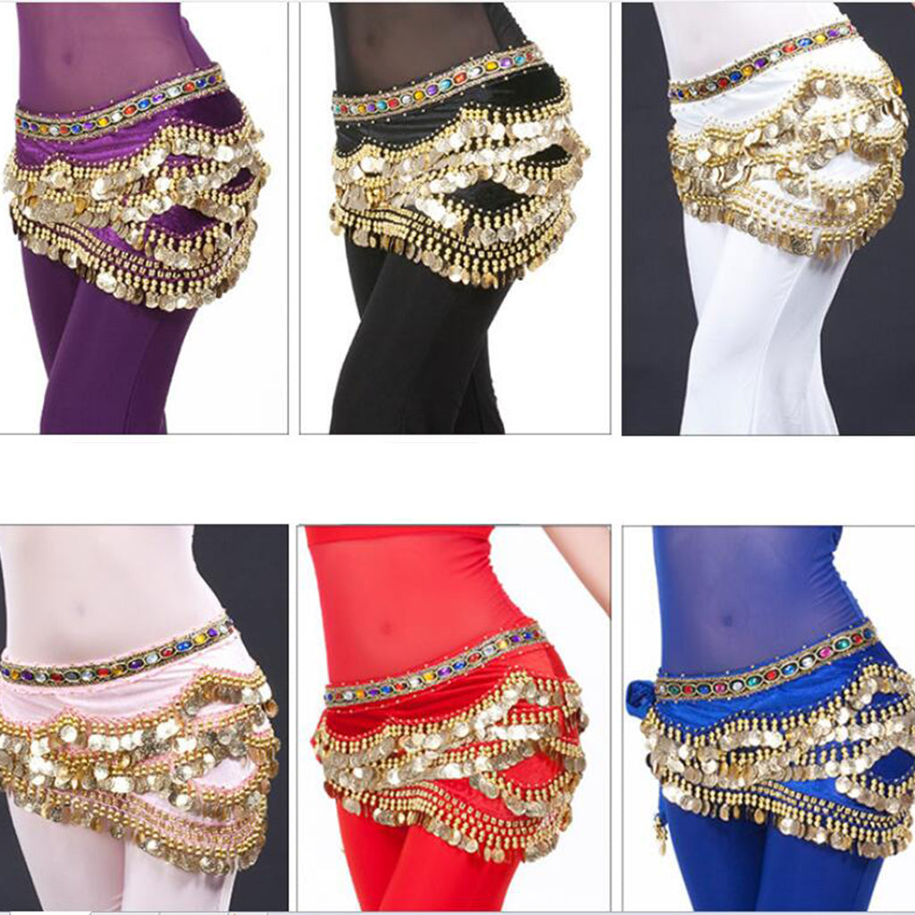 Velvet Dangling Gold Coins Belly Dancing Hip Skirt Scarf Wrap Belt Blue