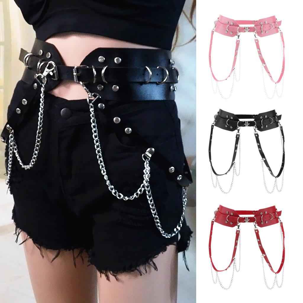 Women's Punk Waist Belt Leather Harness Adjustable Wide Waistband Black