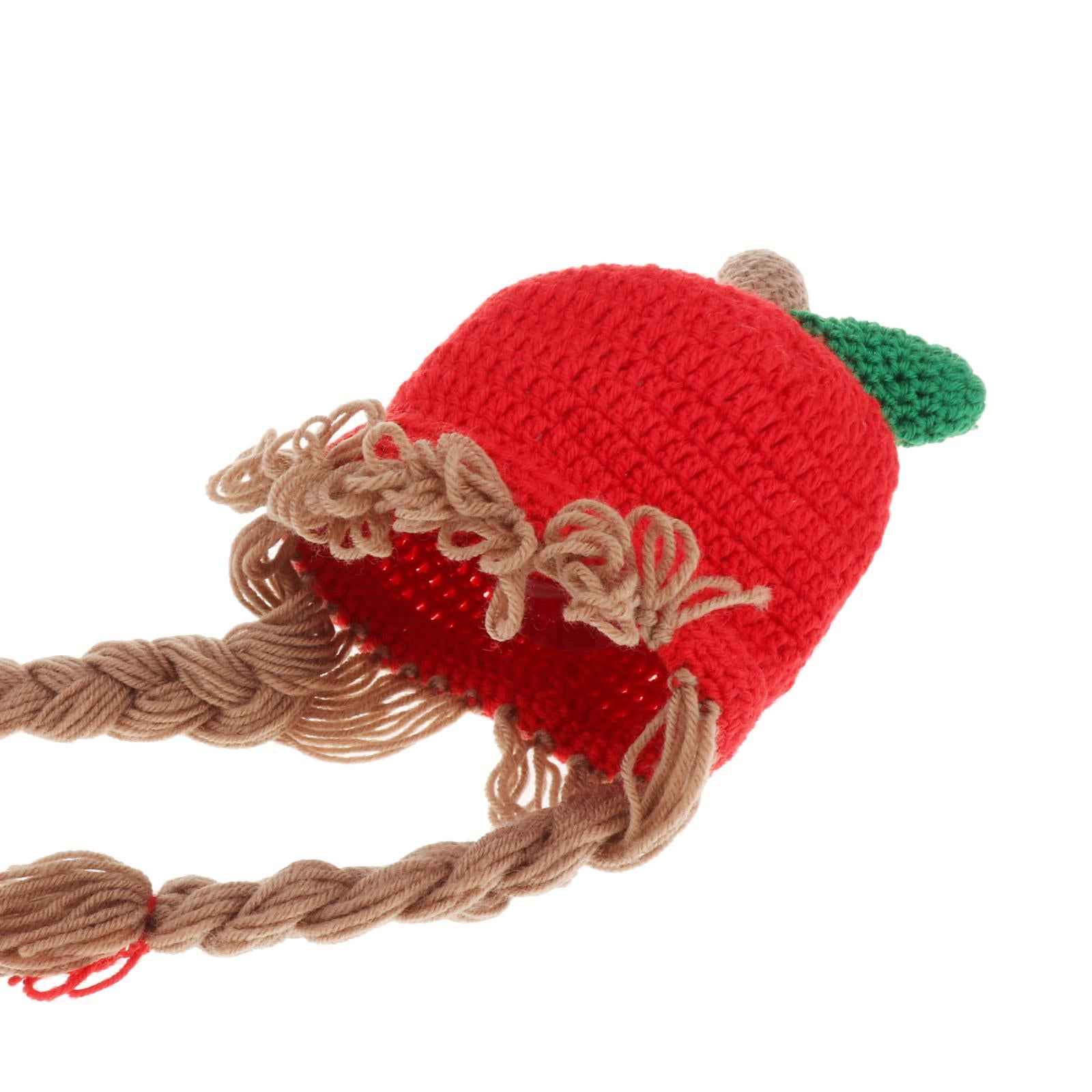 48cm Kids Knitted Wig Hat with 2 Big Braid Girls Cute Winter Cap Apple Shape red