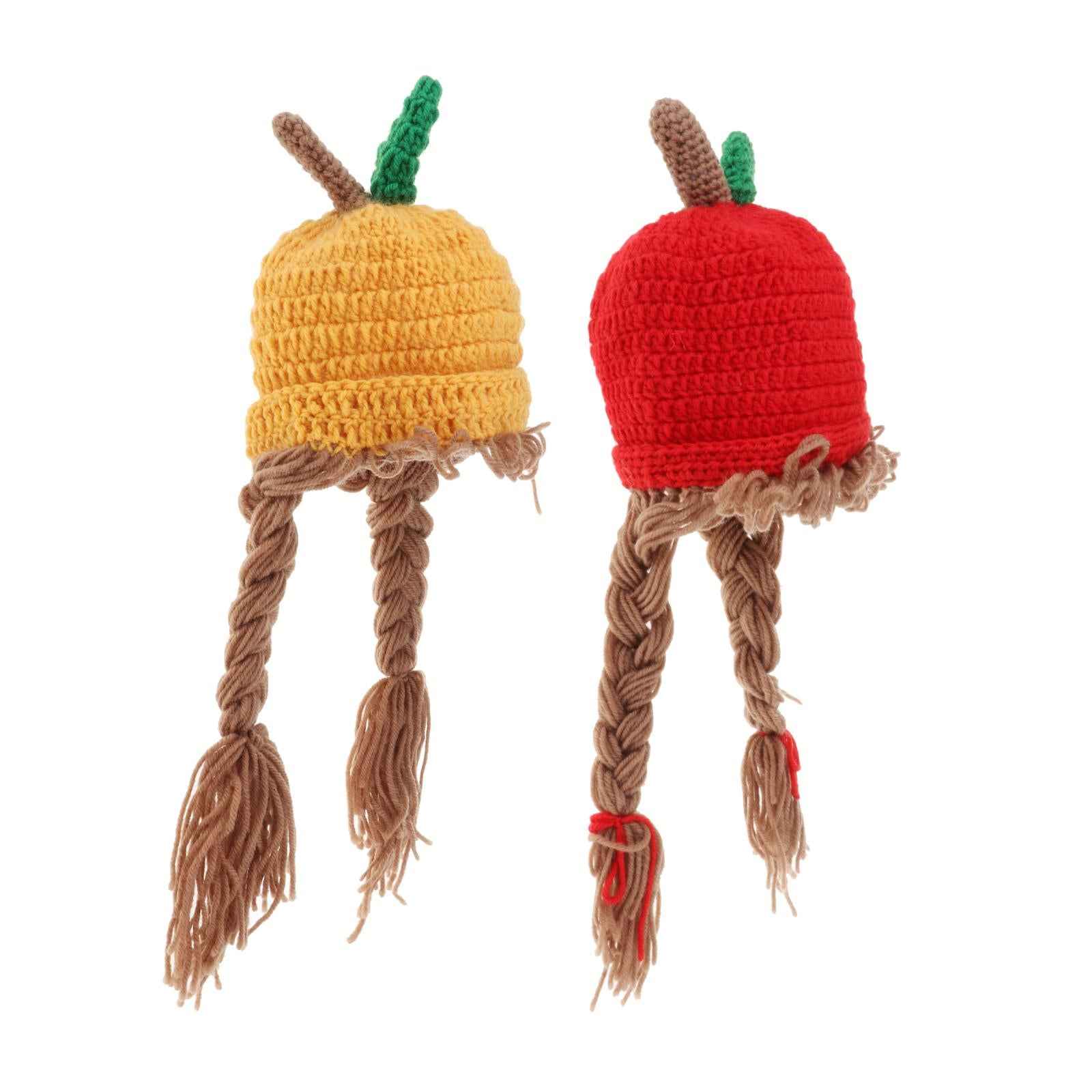 48cm Kids Knitted Wig Hat with 2 Big Braid Girls Cute Winter Cap Apple Shape red