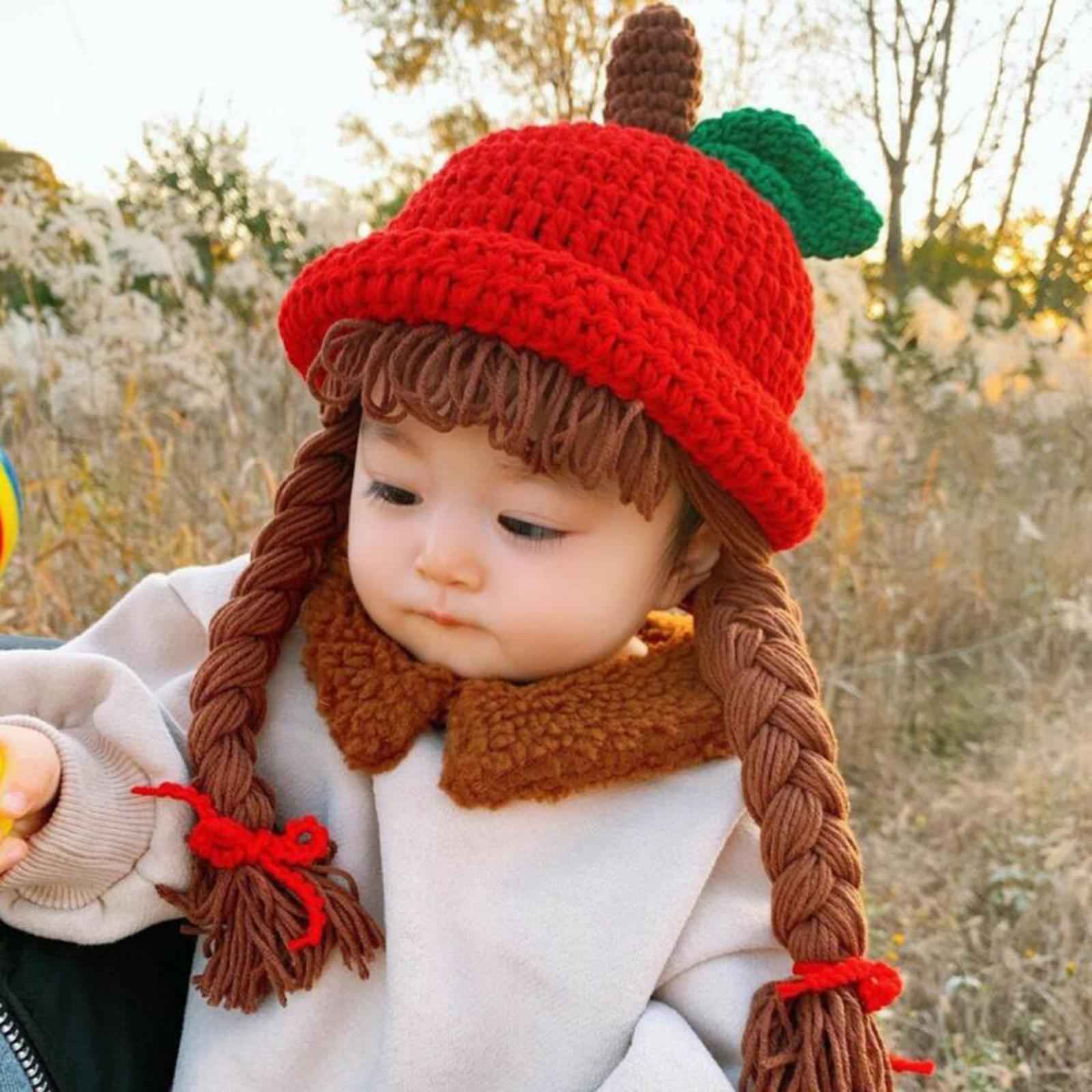 48cm Kids Knitted Wig Hat with 2 Big Braid Girls Cute Winter Cap Apple Shape red