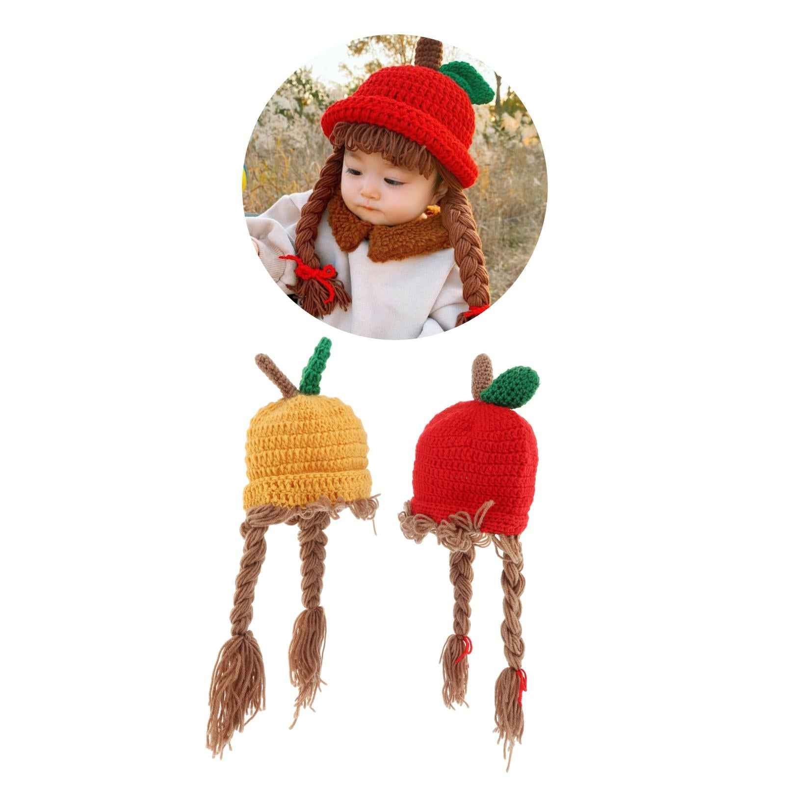 48cm Kids Knitted Wig Hat with 2 Big Braid Girls Cute Winter Cap Apple Shape red