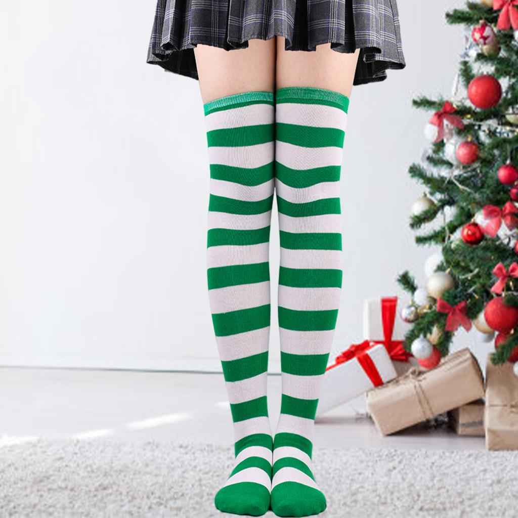 Striped Socks Comfortable Thigh High Socks for Costume Party Green White