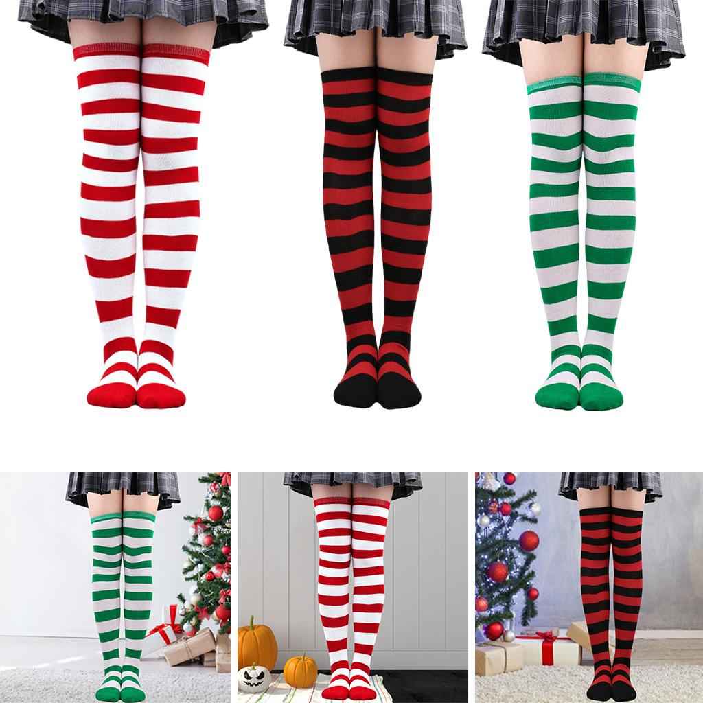 Striped Socks Comfortable Thigh High Socks for Costume Party Green White